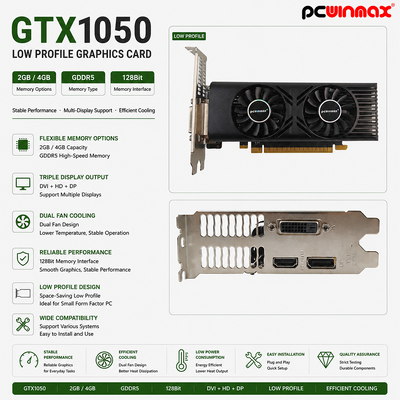 PCWINMAX GTX 1050 Karta graficzna 2GB 128Bit GDDR5 Low Profile Dual Fan