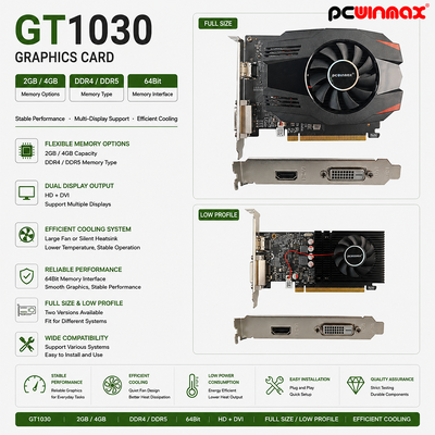 PCWINMAX GT 1030 2GB GDDR5 ATX Karta graficzna 64Bit Single Fan HD DVI Karta wideo dla pulpitu