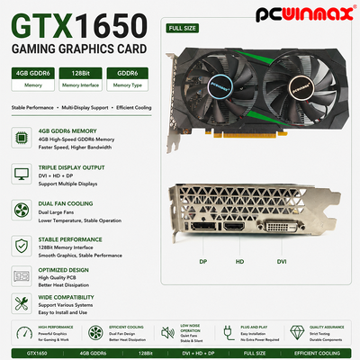 PCWINMAX GeForce GTX 1650 4GB GDRR6 128Bit HD DP DVI Wyjście Wsparcie DirectX 12 VR Ready OC Karta graficzna