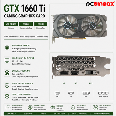 PCWINMAX Geforce GTX 1660 Ti 6GB Graficzna Karta GPU 192 Bit 1500MHz/1770MHz HD DP DVI 14Gbps Pamięć