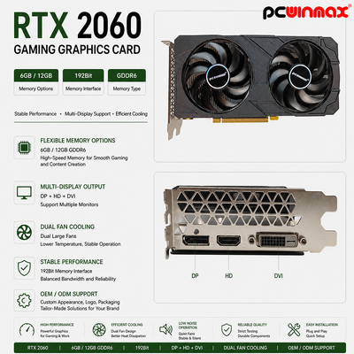 PCWINMAX Geforce RTX 2060 6GB GDDR6 192Bit 1680MHz Karta graficzna do gier z dwoma wentylatorami z HD/DP/DVI